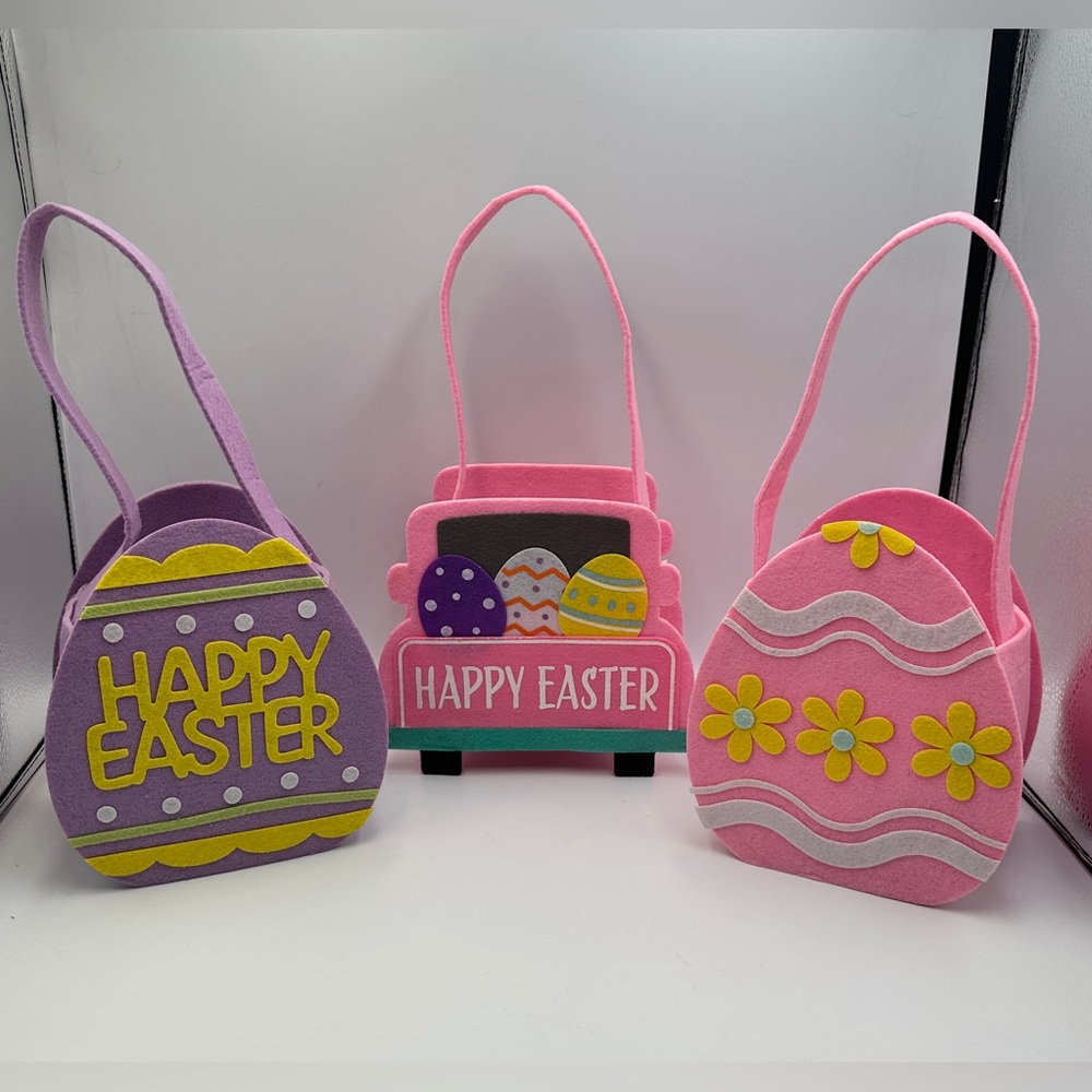 Set of 3 Felt Easter Baskets One Truck Shaped And 2 Egg Shaped Pastel Spring